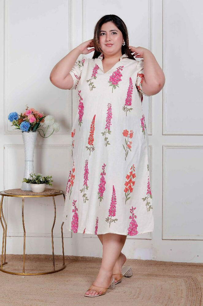 Miravan Plus Size Womens Off White Flower Printed Cotton Flex Maxi Dress