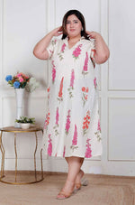 Thumbnail for Miravan Plus Size Womens Off White Flower Printed Cotton Flex Maxi Dress