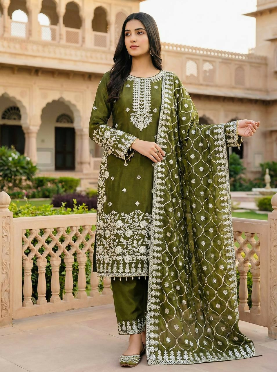 Teeya Creation Green Color Gymmi Silk Embroidery Work Wedding Wear Sharara Set