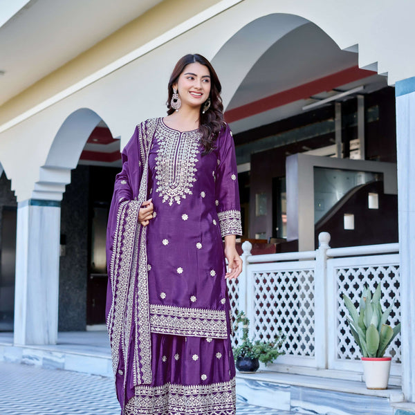 Teeya Creation Wine Color Chinon Silk Heavy Embroidery Work Wedding Wear Sharara - Distacart