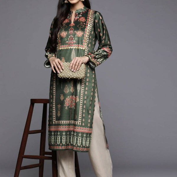 Ahalyaa Women Green & Pink Ethnic Motifs Printed Gotta Patti Velvet Kurta - Distacart