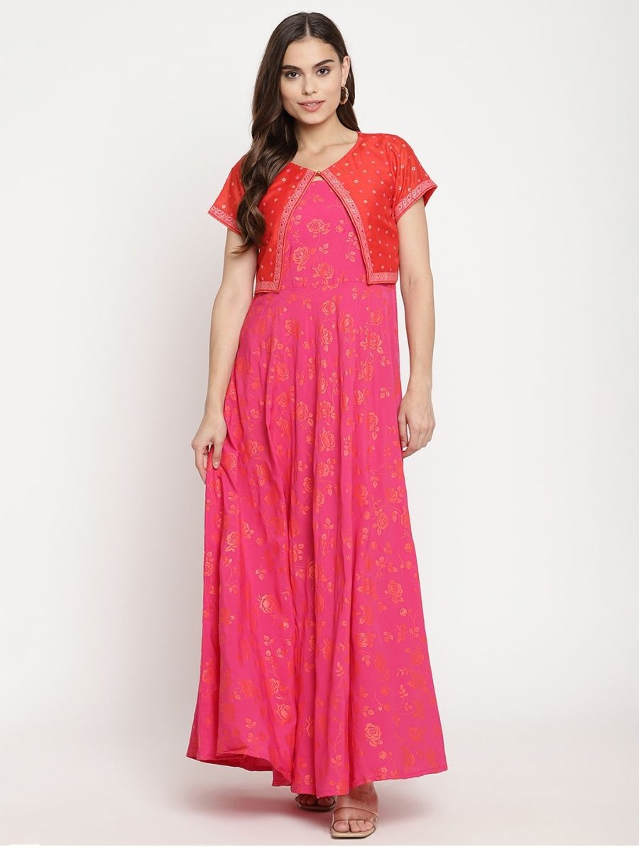Ahalyaa Pink Crepe Orange khari Print Kurta with Jacket