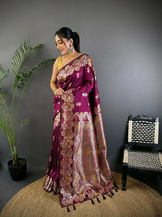 Joban Fashion Meenakari Maroon Woven Soft Silk Saree