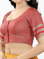 Thumbnail for Joban Fashion Maroon Brocade Padded Blouse With Round Neck Elbow Sleeves
