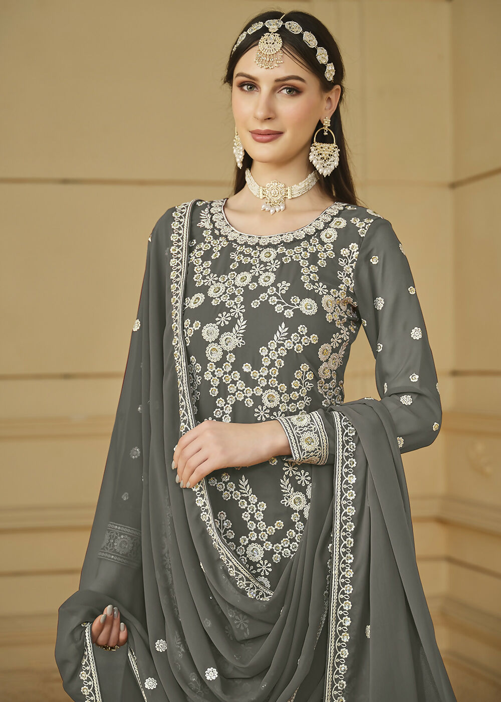Stone Grey Embroidered Georgette Gharara Style Suit - Emponline - Distacart