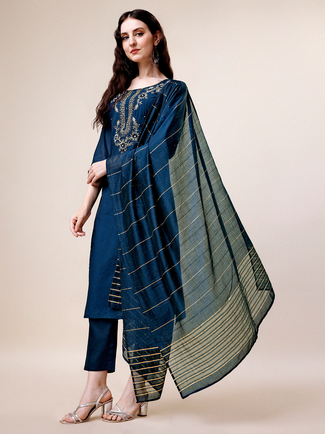 Hand Embroidered Kurta With Pant & Dupatta, Multicolor - Hiral Fashion - Dista