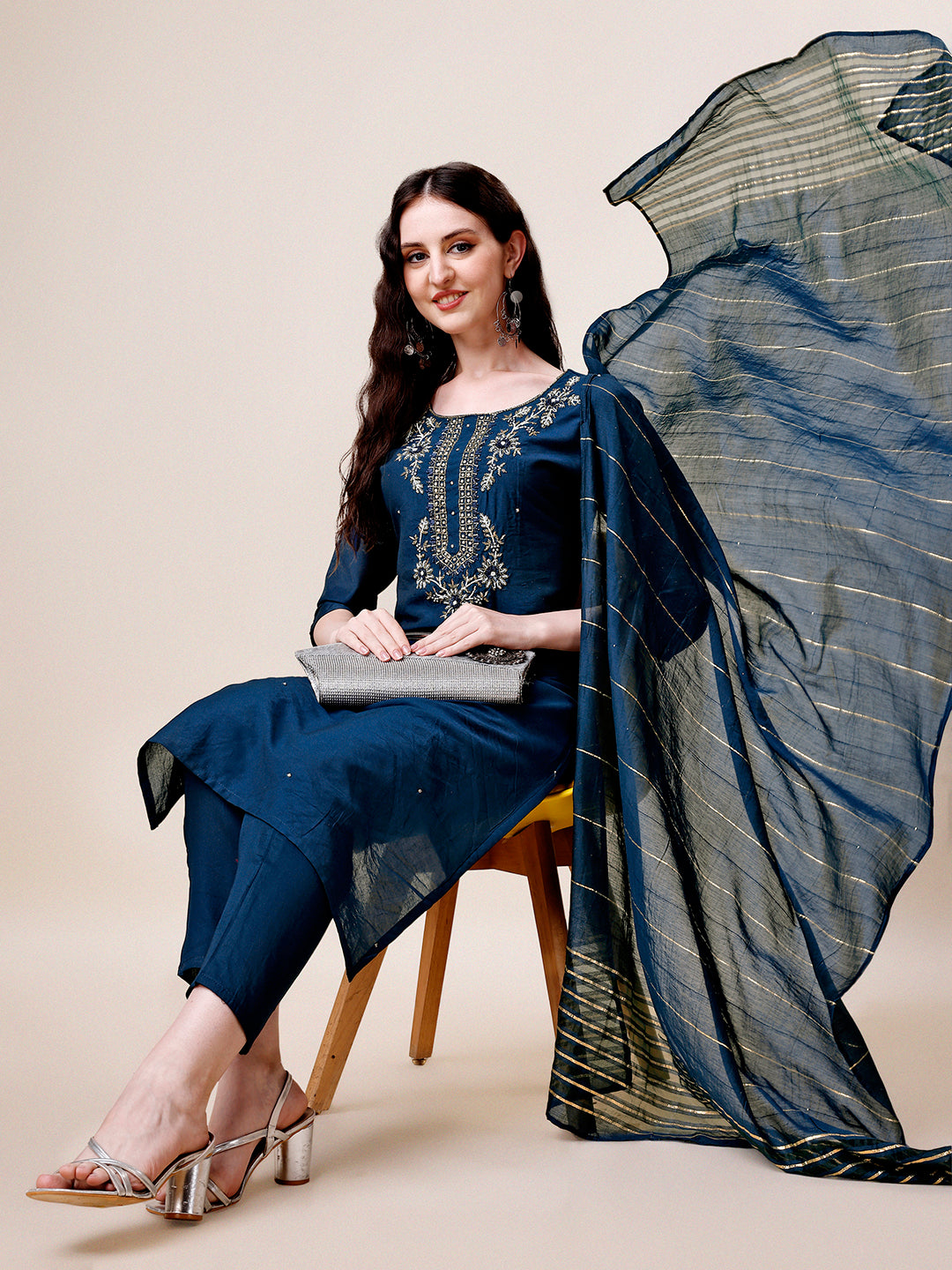 Hand Embroidered Kurta With Pant & Dupatta, Multicolor - Hiral Fashion - Dista