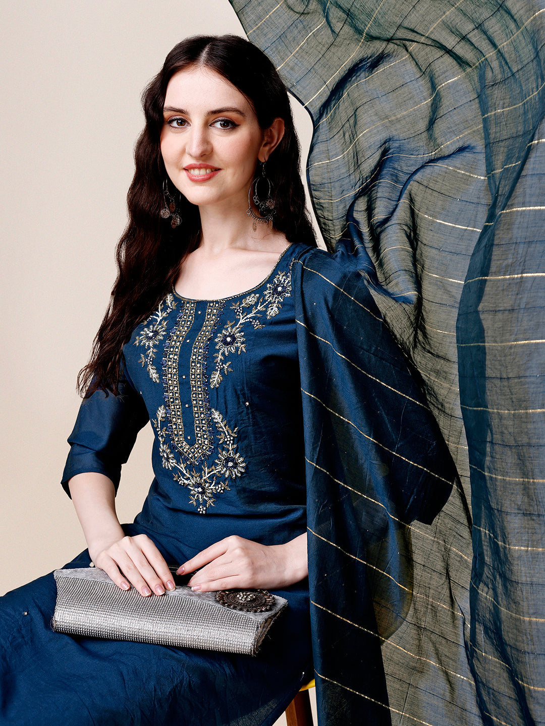 Hand Embroidered Kurta With Pant & Dupatta, Multicolor - Hiral Fashion - Dista