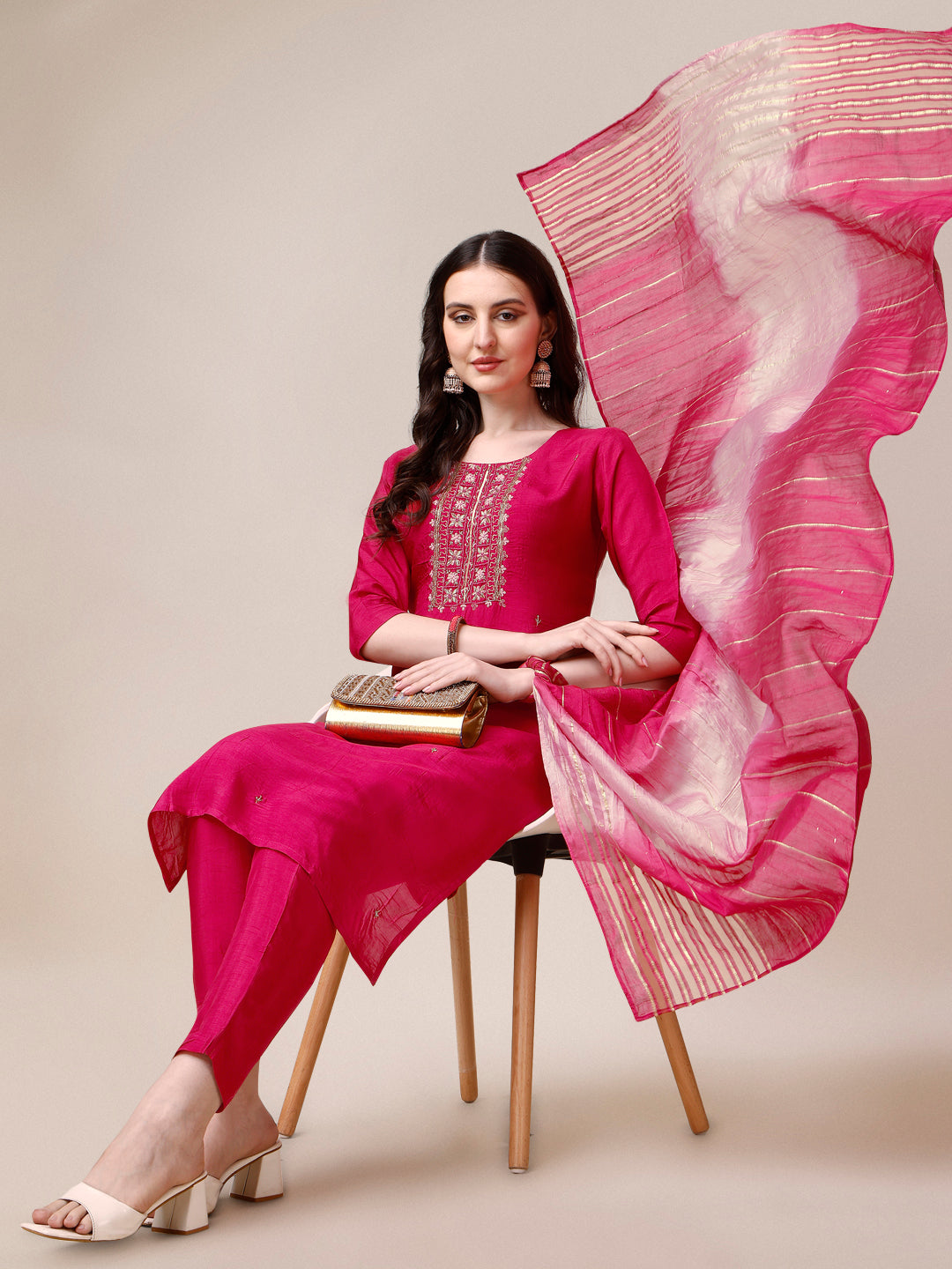 Embroidered Kurta With Pant & Dupatta Set, Multicolor - Hiral Fashion - Dista