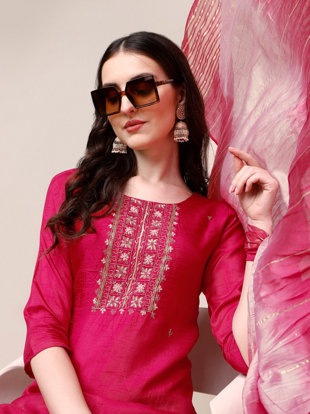 Embroidered Kurta With Pant & Dupatta Set, Multicolor - Hiral Fashion - Dista