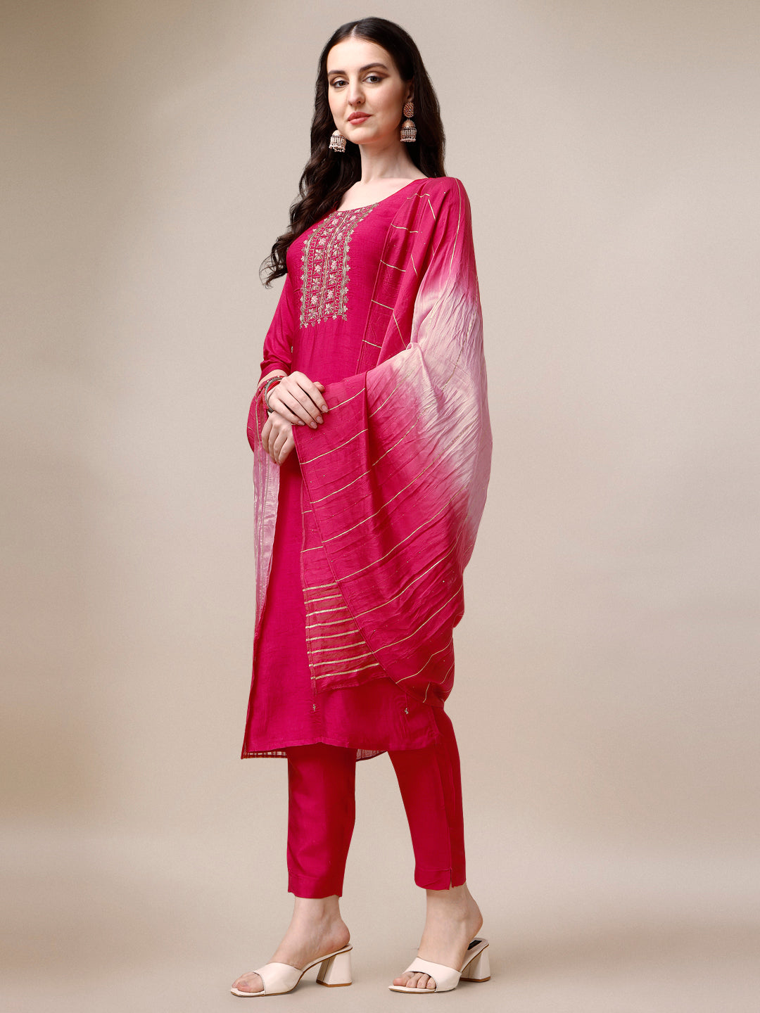 Embroidered Kurta With Pant & Dupatta Set, Multicolor - Hiral Fashion - Dista