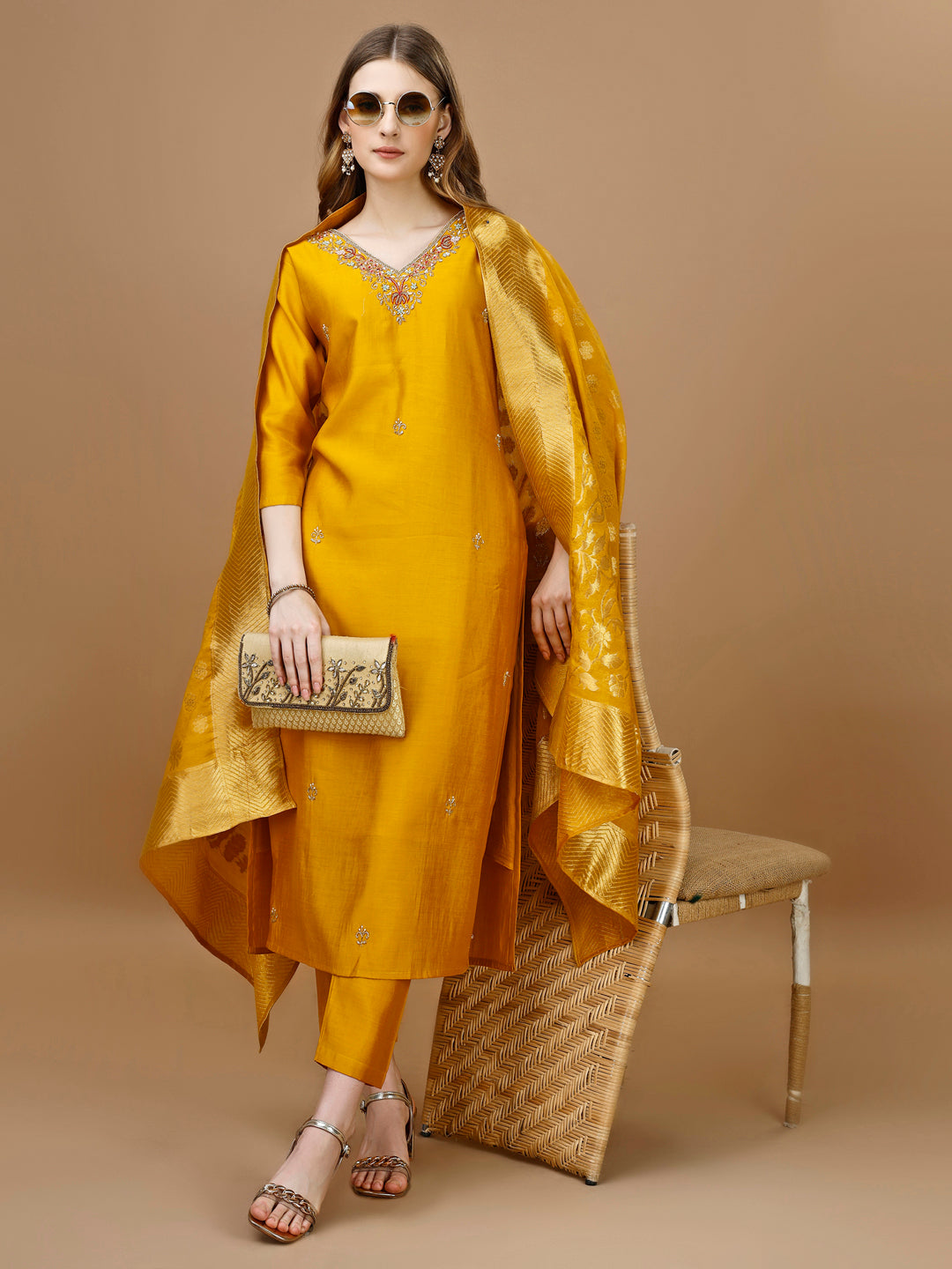 Hand Embroidered Kurta With Pant & Banarasi Dupatta Premium, Multicolor - Hiral Fashion - Dista
