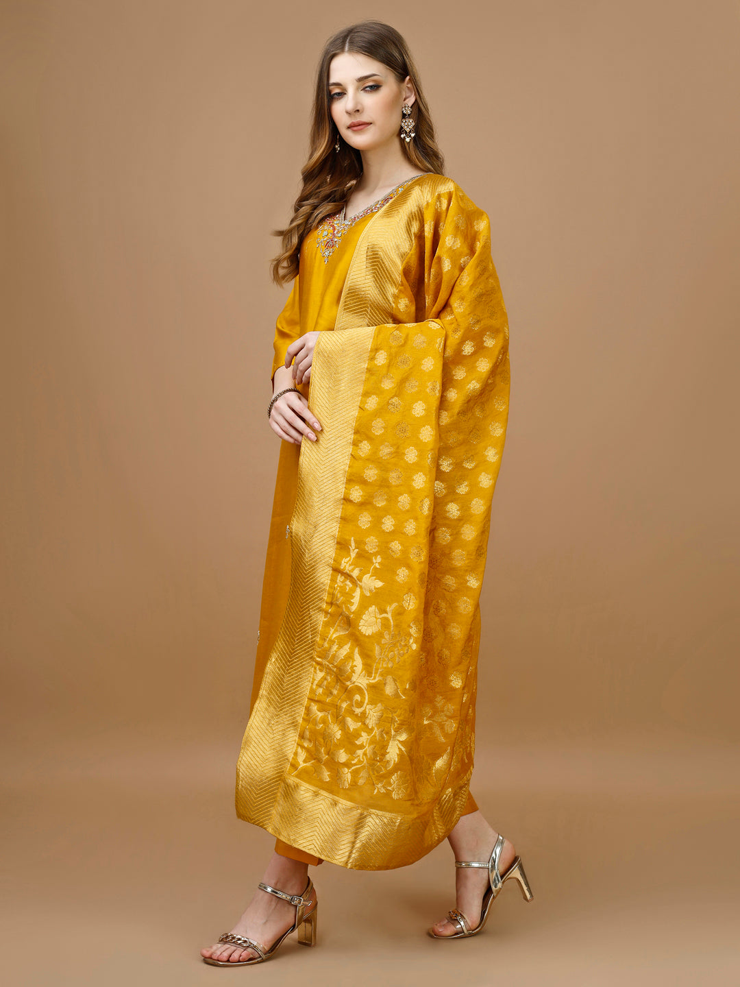 Hand Embroidered Kurta With Pant & Banarasi Dupatta Premium, Multicolor - Hiral Fashion - Dista