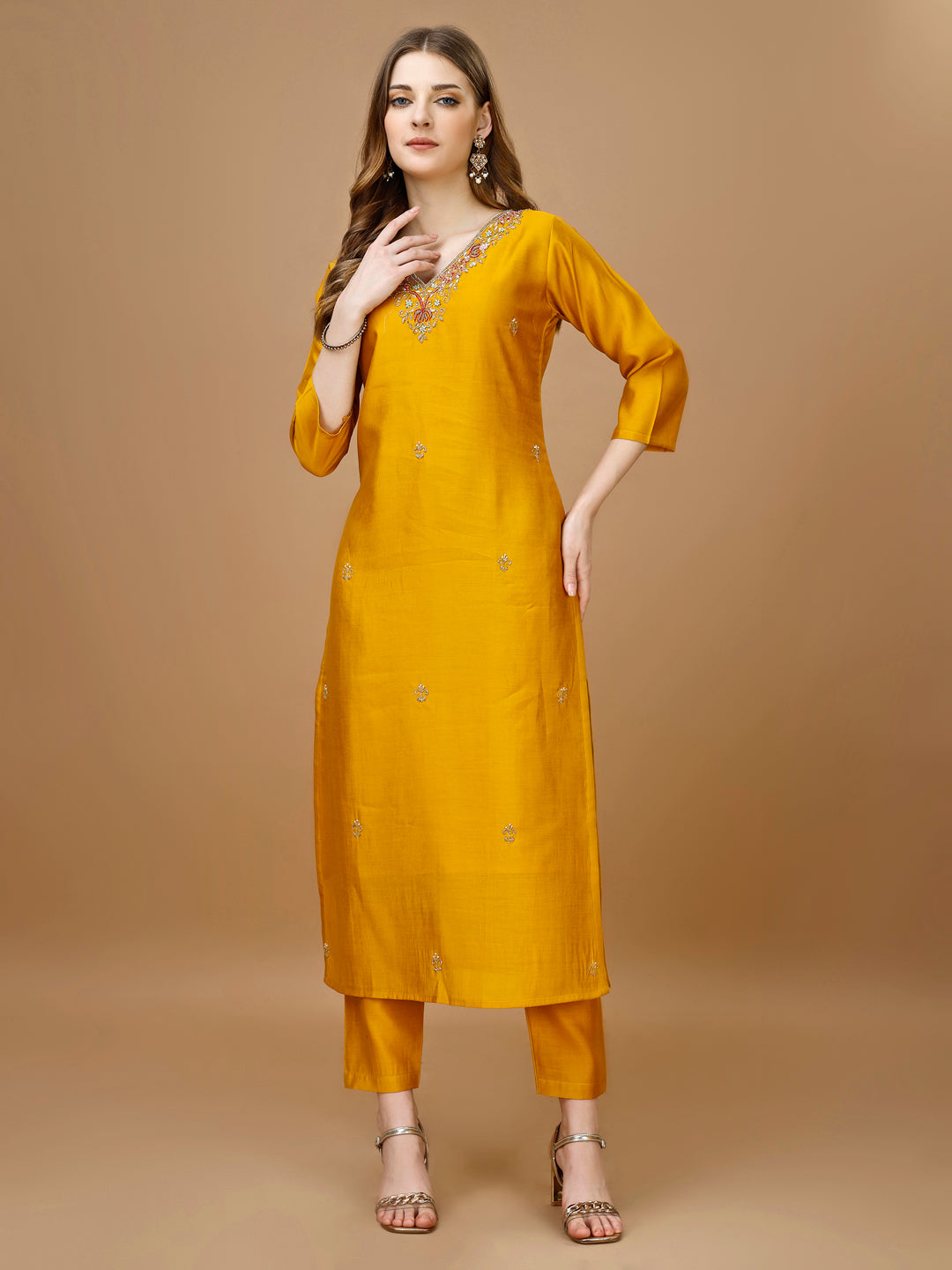 Hand Embroidered Kurta With Pant & Banarasi Dupatta Premium, Multicolor - Hiral Fashion - Dista