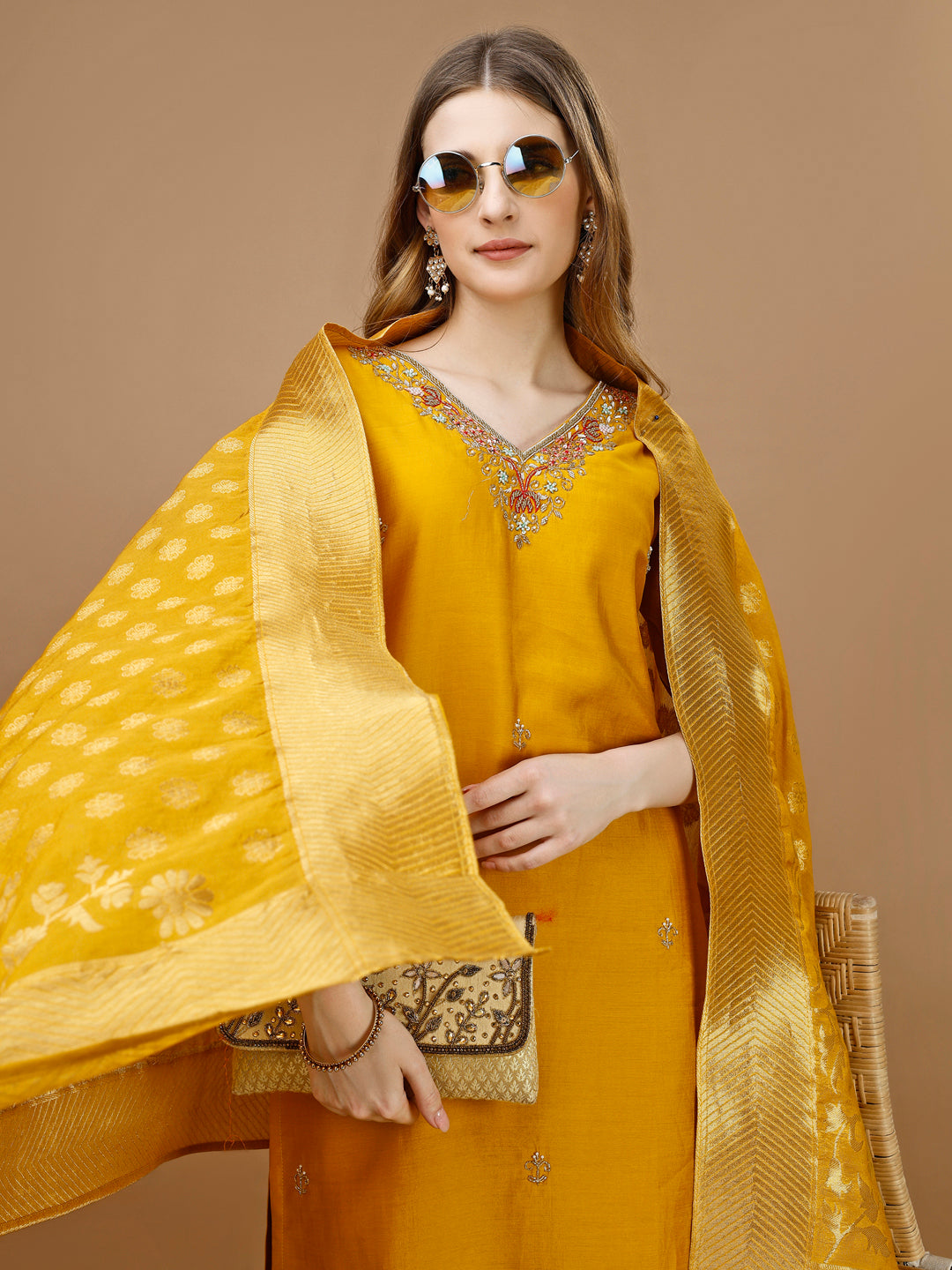 Hand Embroidered Kurta With Pant & Banarasi Dupatta Premium, Multicolor - Hiral Fashion - Dista