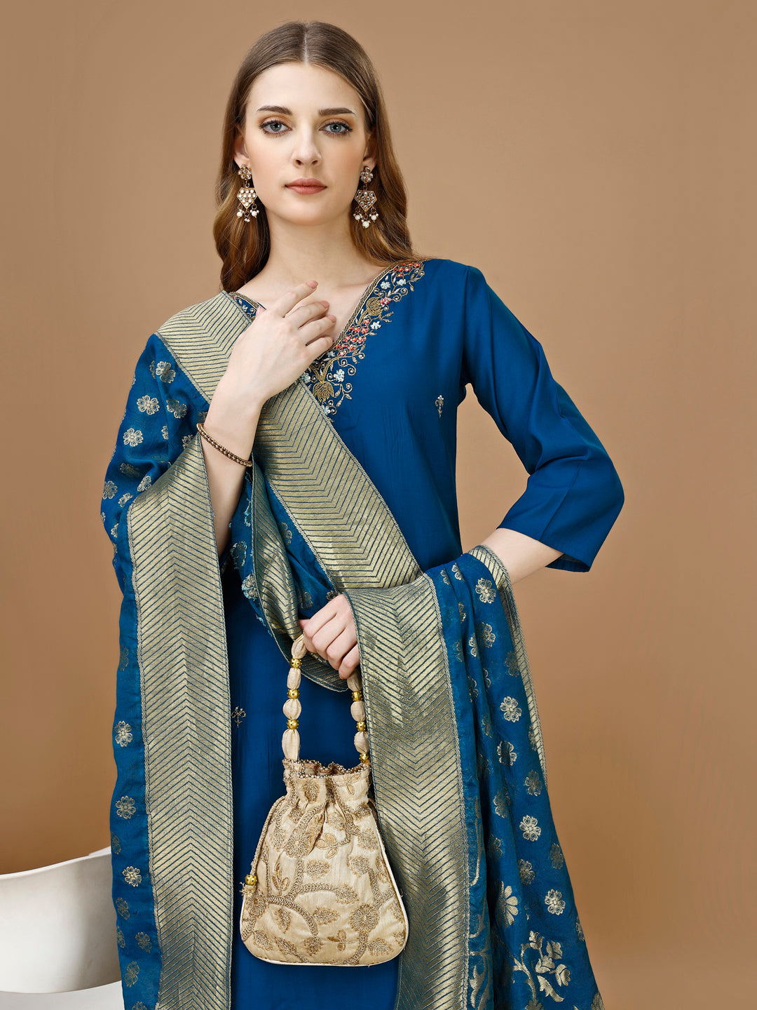 Hand Embroidered Kurta With Pant & Banarasi Dupatta Premium, Multicolor - Hiral Fashion - Dista
