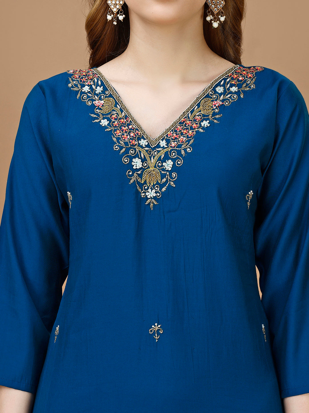 Hand Embroidered Kurta With Pant & Banarasi Dupatta Premium, Multicolor - Hiral Fashion - Dista