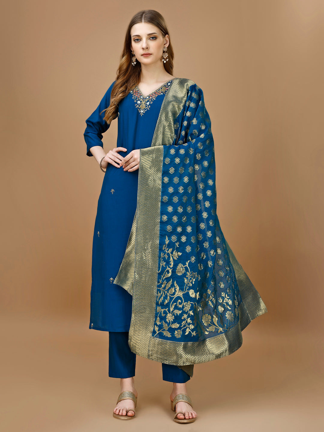 Hand Embroidered Kurta With Pant & Banarasi Dupatta Premium, Multicolor - Hiral Fashion - Dista