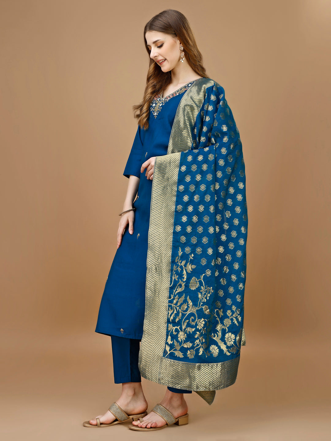 Hand Embroidered Kurta With Pant & Banarasi Dupatta Premium, Multicolor - Hiral Fashion - Dista