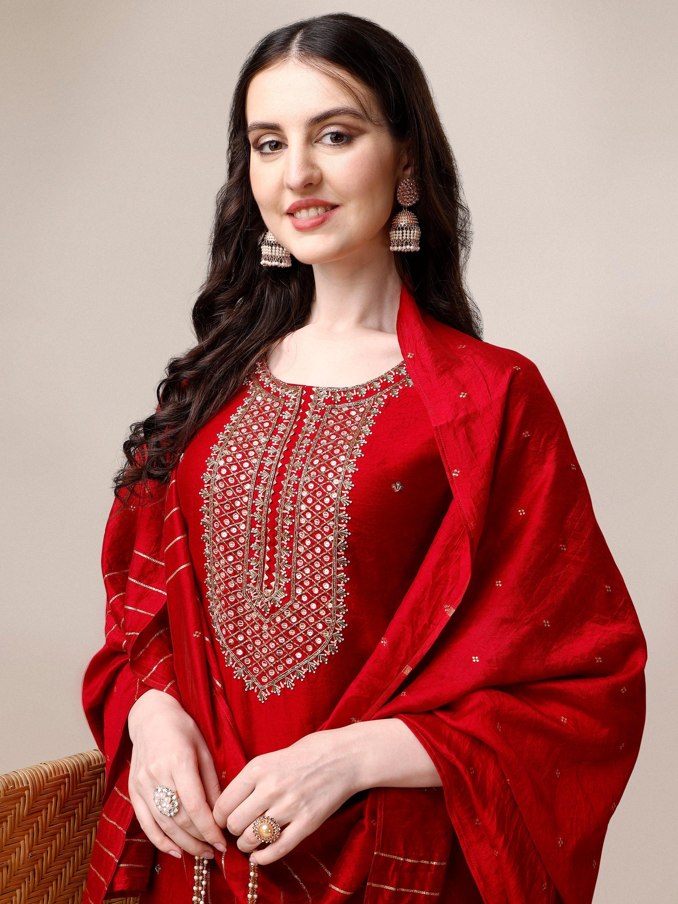 Hand Embroidered Kurta With Pant And Dupatta Set, Multicolor - Hiral Fashion - Dista