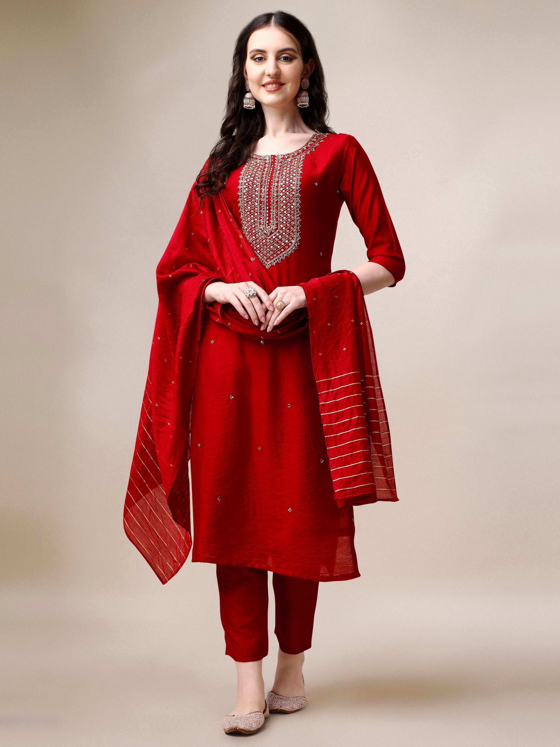 Hand Embroidered Kurta With Pant And Dupatta Set, Multicolor - Hiral Fashion - Dista