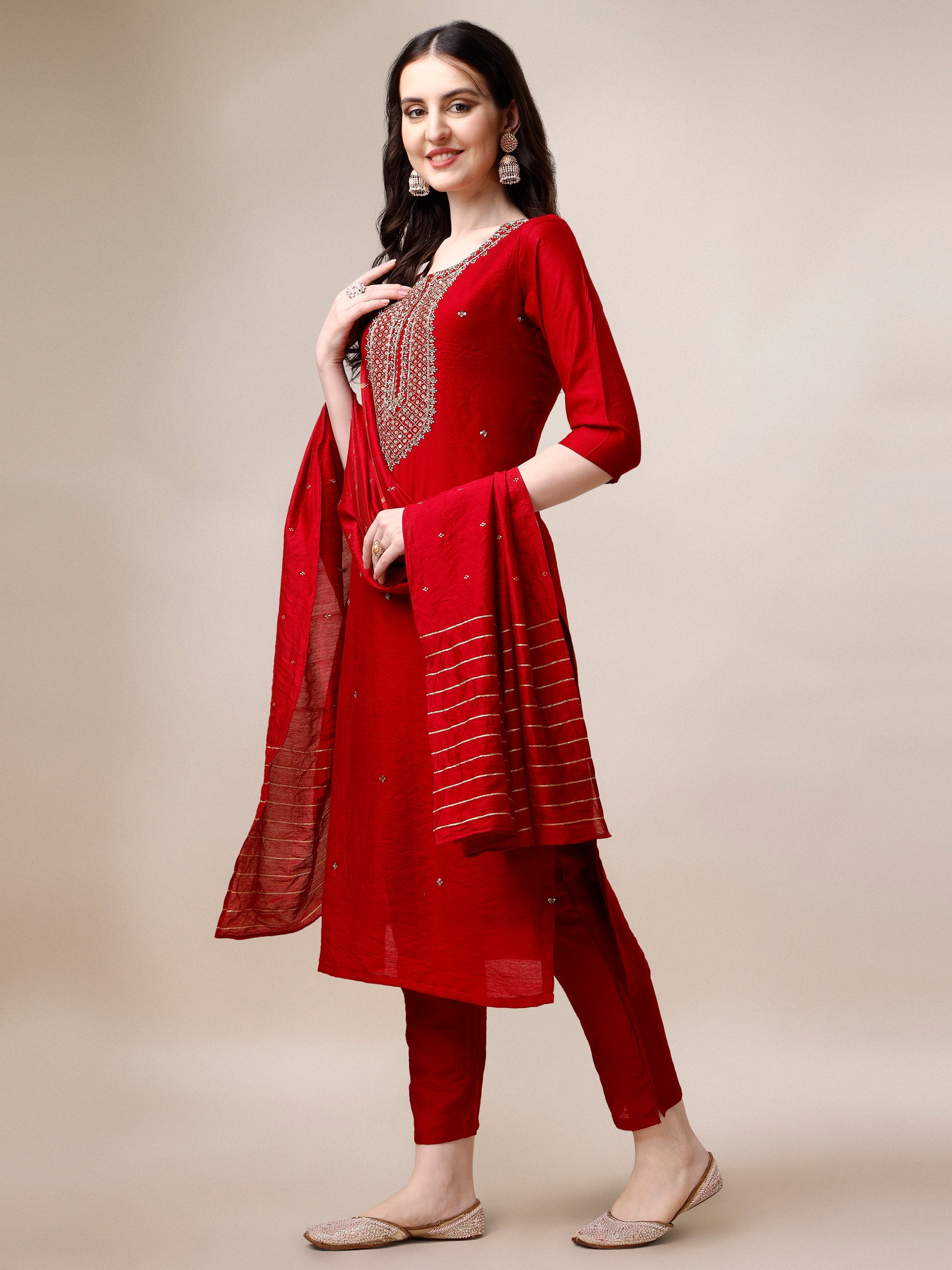 Hand Embroidered Kurta With Pant And Dupatta Set, Multicolor - Hiral Fashion - Dista
