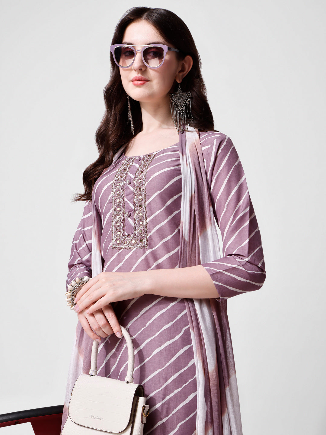 Leheriya Printed & Embroidered Kurta With Pant & Dupatta Set, Multicolor - Hiral Fashion - Dista