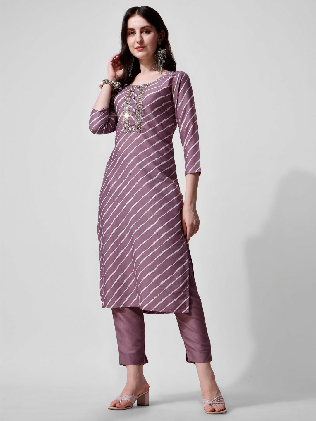 Leheriya Printed & Embroidered Kurta With Pant & Dupatta Set, Multicolor - Hiral Fashion - Dista