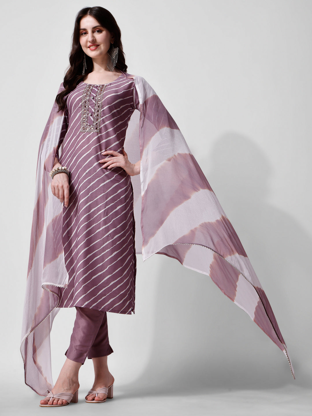 Leheriya Printed & Embroidered Kurta With Pant & Dupatta Set, Multicolor - Hiral Fashion - Dista