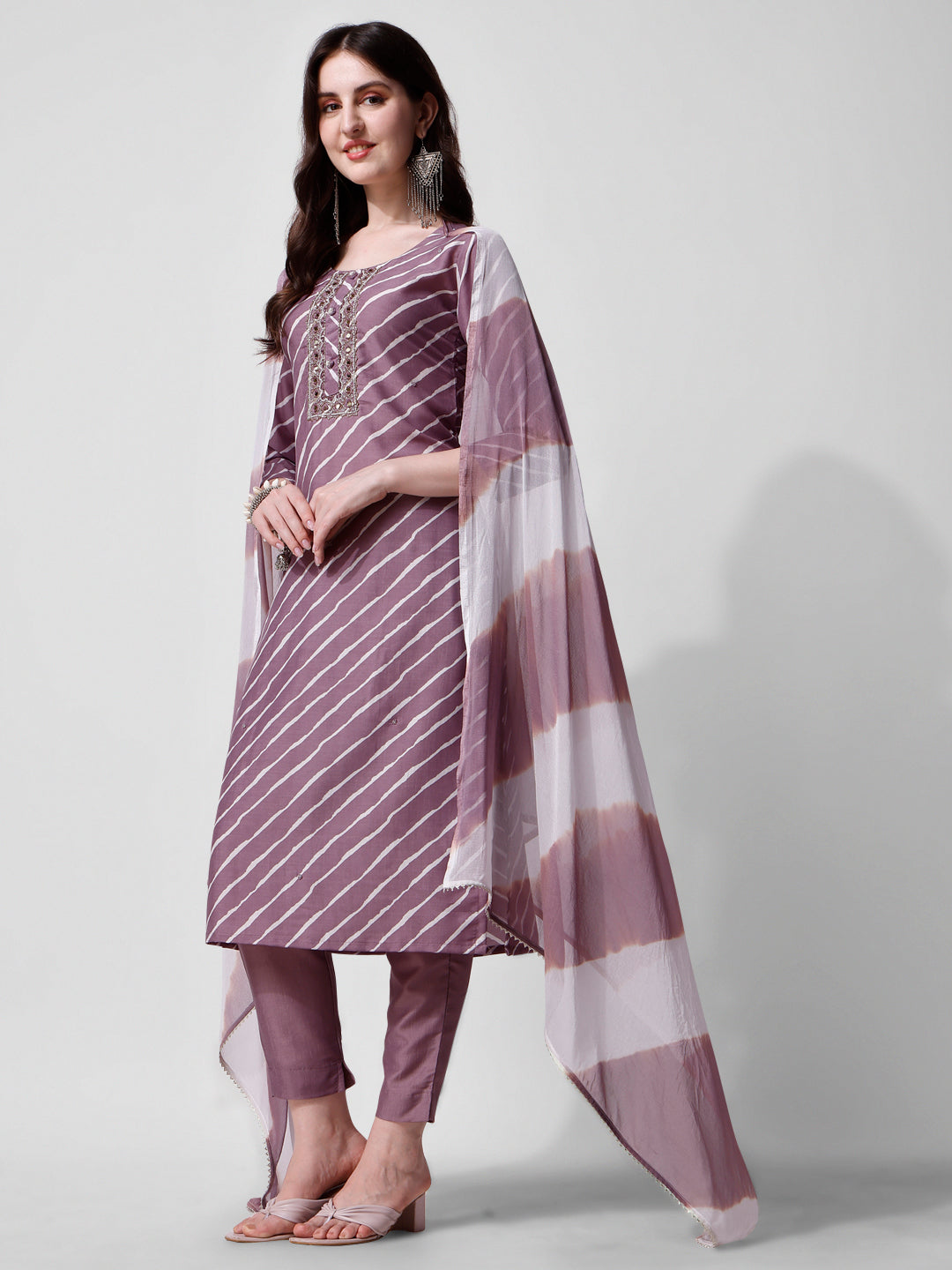 Leheriya Printed & Embroidered Kurta With Pant & Dupatta Set, Multicolor - Hiral Fashion - Dista