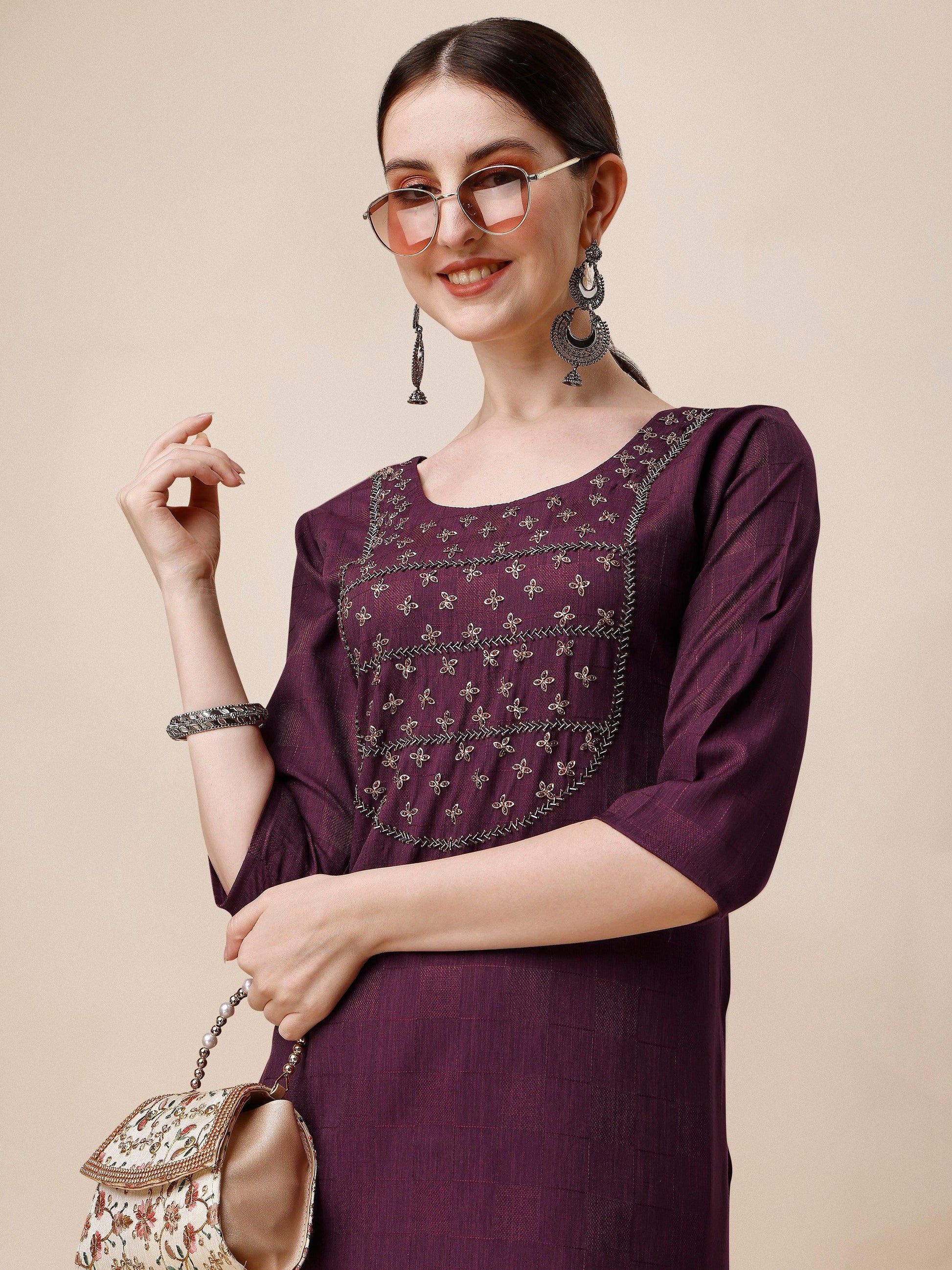 Wine Embroidered Kurta, Multicolor - Hiral Fashion - Dista