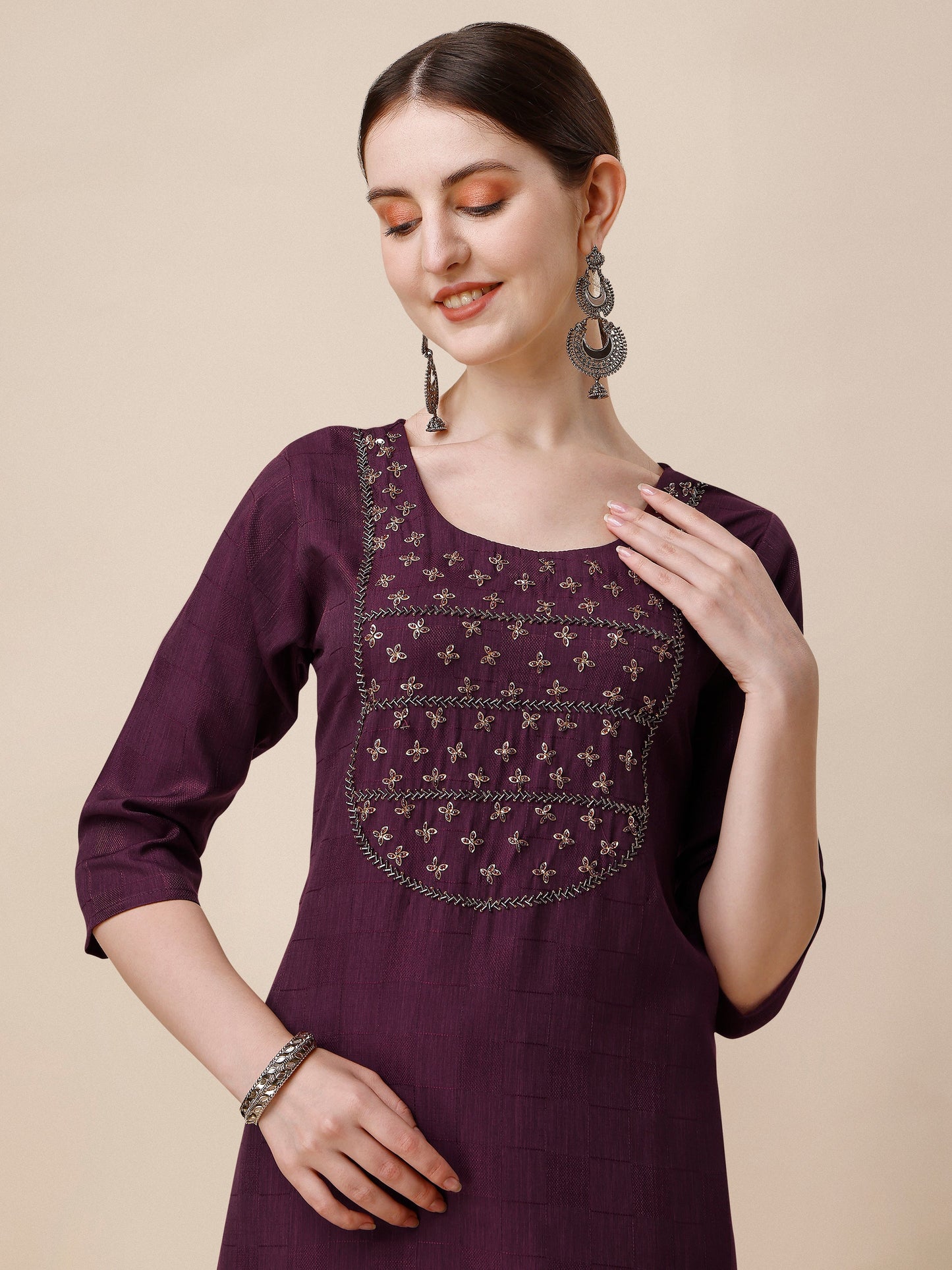 Wine Embroidered Kurta, Multicolor - Hiral Fashion - Dista