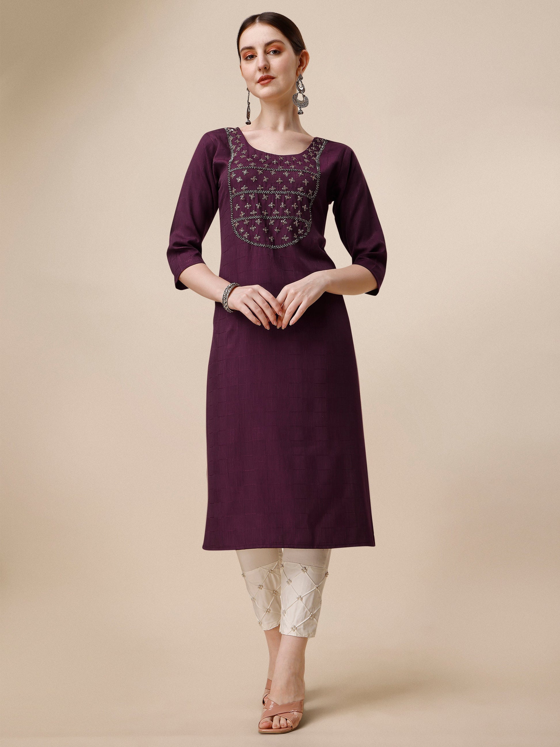 Wine Embroidered Kurta, Multicolor - Hiral Fashion - Dista
