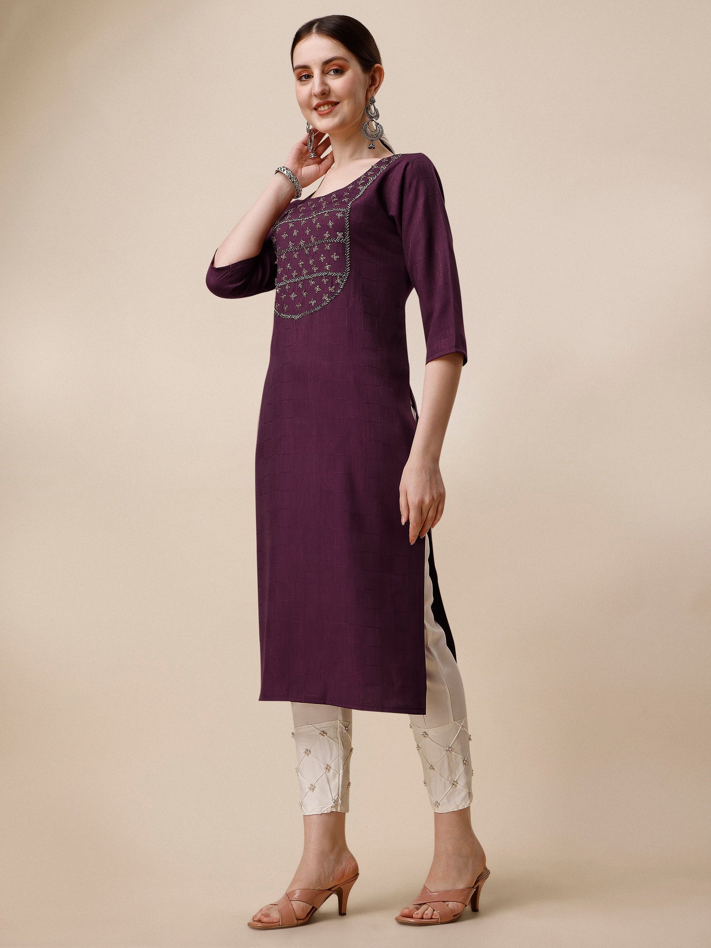 Wine Embroidered Kurta, Multicolor - Hiral Fashion - Dista