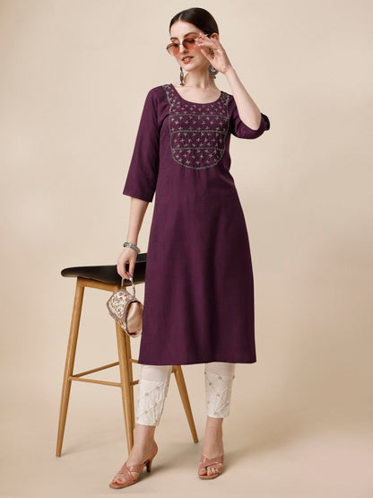 Wine Embroidered Kurta, Multicolor - Hiral Fashion - Dista