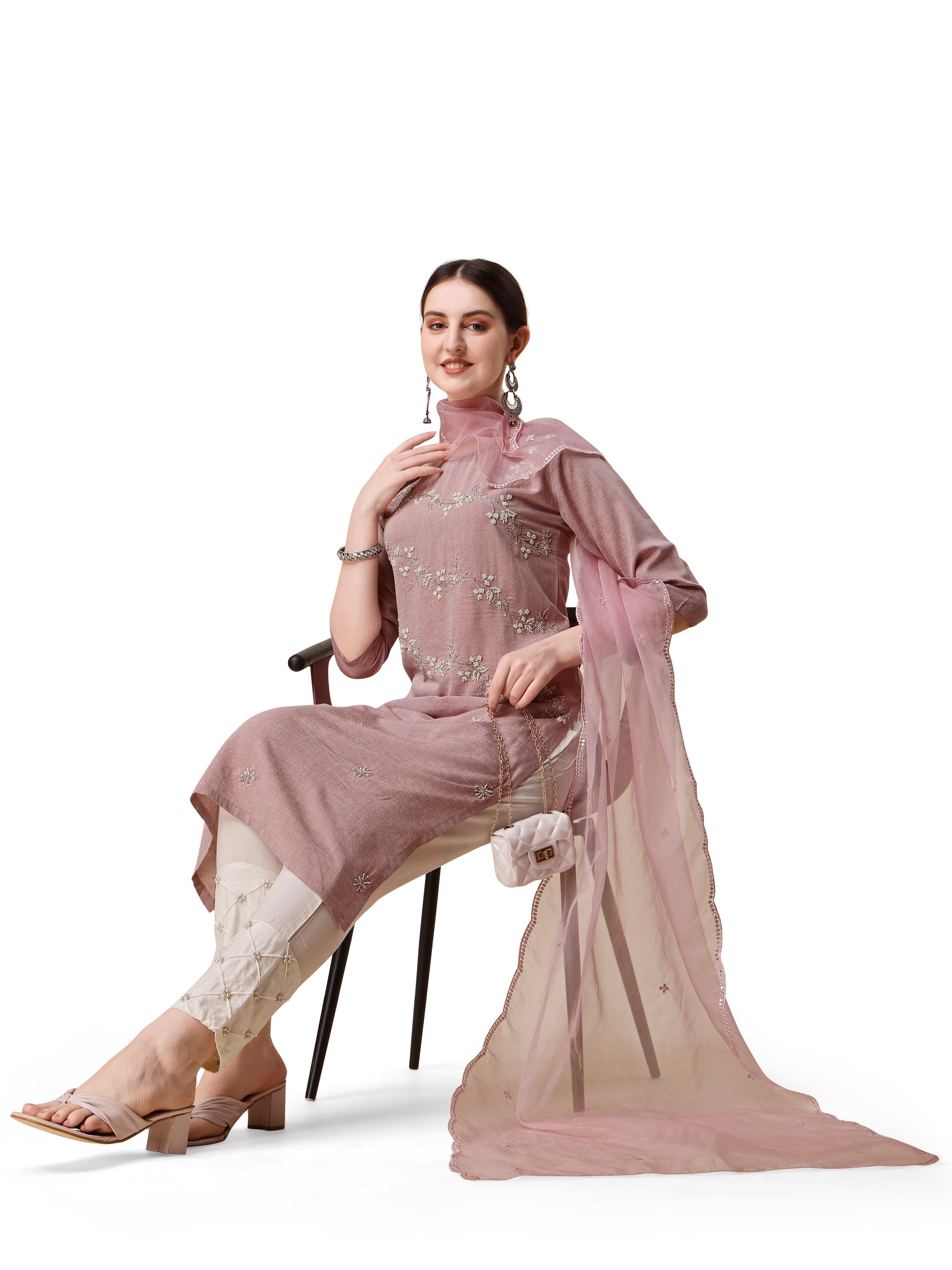 Embroidered Kurta With Moti Embellished Pant And Dupatta Set, Multicolor - Hiral Fashion - Dista