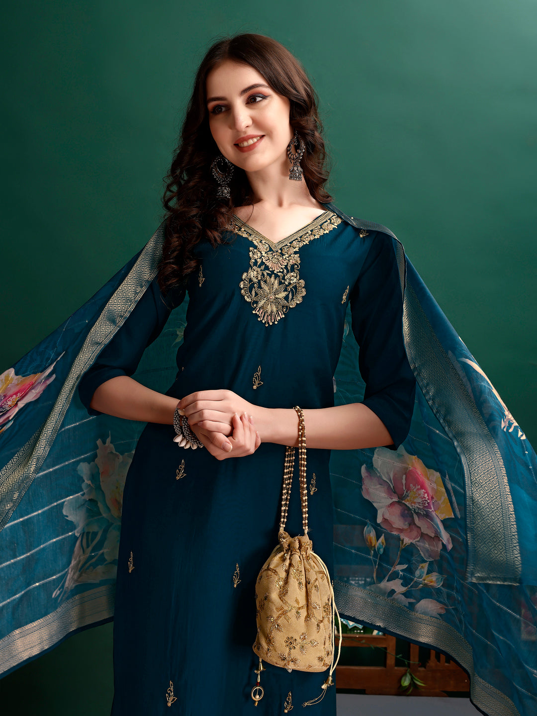 Hand Embroidered Kurta With Pant & Organza Printed Dupatta, Multicolor - Hiral Fashion - Dista