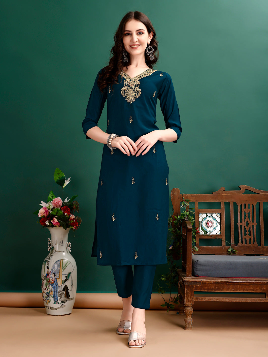Hand Embroidered Kurta With Pant & Organza Printed Dupatta, Multicolor - Hiral Fashion - Dista