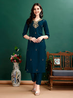 Thumbnail for Hand Embroidered Kurta With Pant & Organza Printed Dupatta, Multicolor - Hiral Fashion - Dista