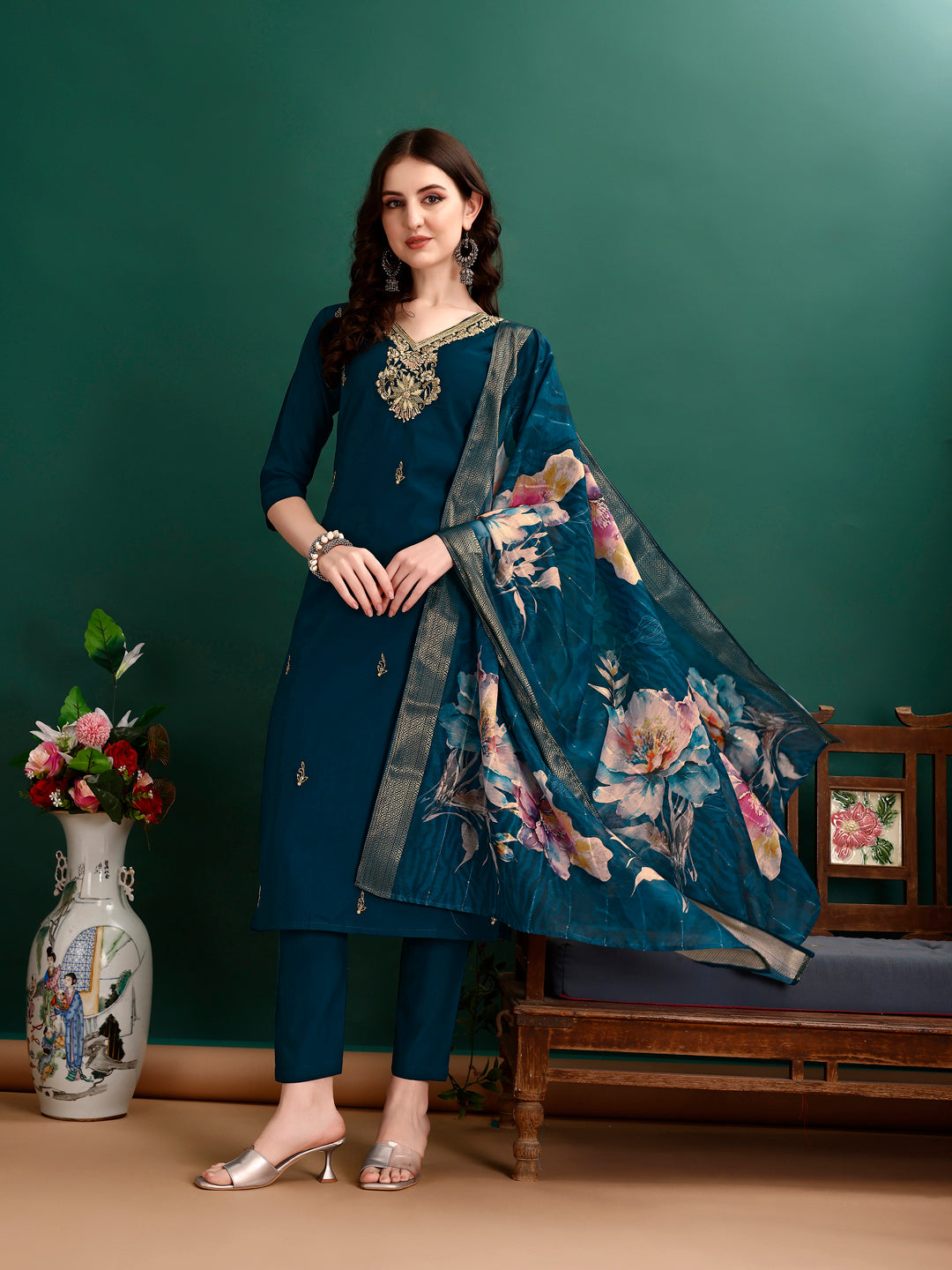 Hand Embroidered Kurta With Pant & Organza Printed Dupatta, Multicolor - Hiral Fashion - Dista