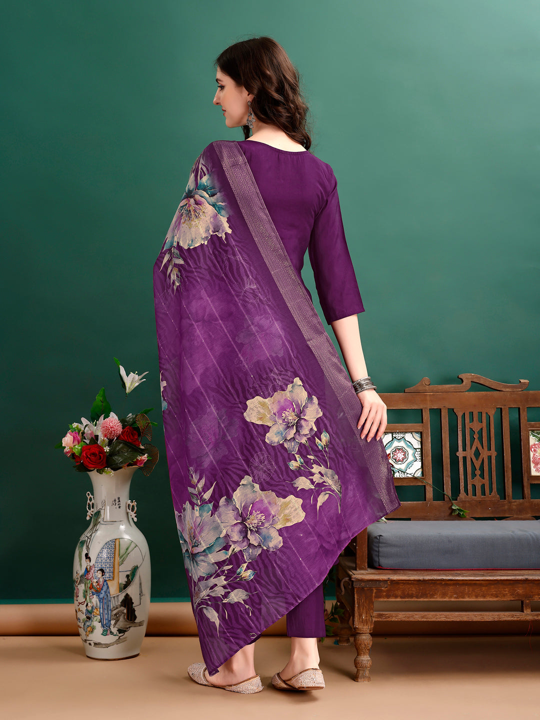 Hand Embroidered Kurta With Pant & Organza Printed Dupatta Premium, Multicolor - Hiral Fashion - Dista