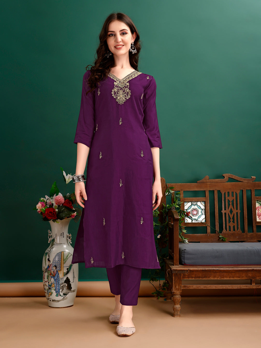 Hand Embroidered Kurta With Pant & Organza Printed Dupatta Premium, Multicolor - Hiral Fashion - Dista