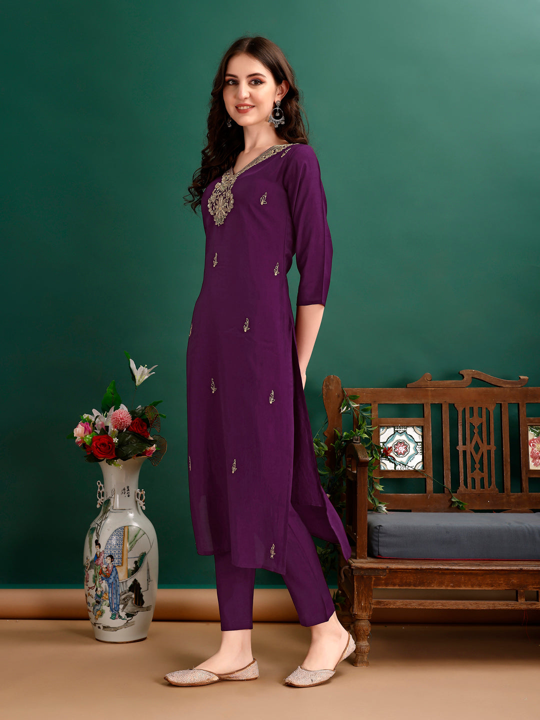 Hand Embroidered Kurta With Pant & Organza Printed Dupatta Premium, Multicolor - Hiral Fashion - Dista