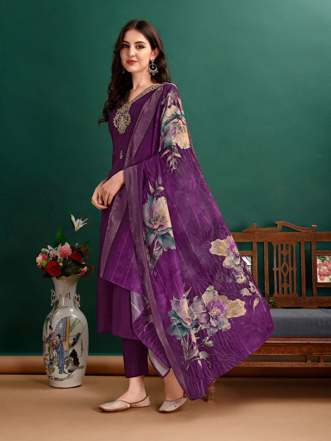 Hand Embroidered Kurta With Pant & Organza Printed Dupatta Premium, Multicolor - Hiral Fashion - Dista