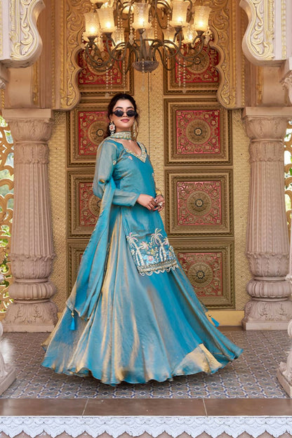 Teeya Creation Womens New Stylish Moti Beads With Cording Sequence Thread Embroidery Work Aqua-Blue Kurta Set - Dista