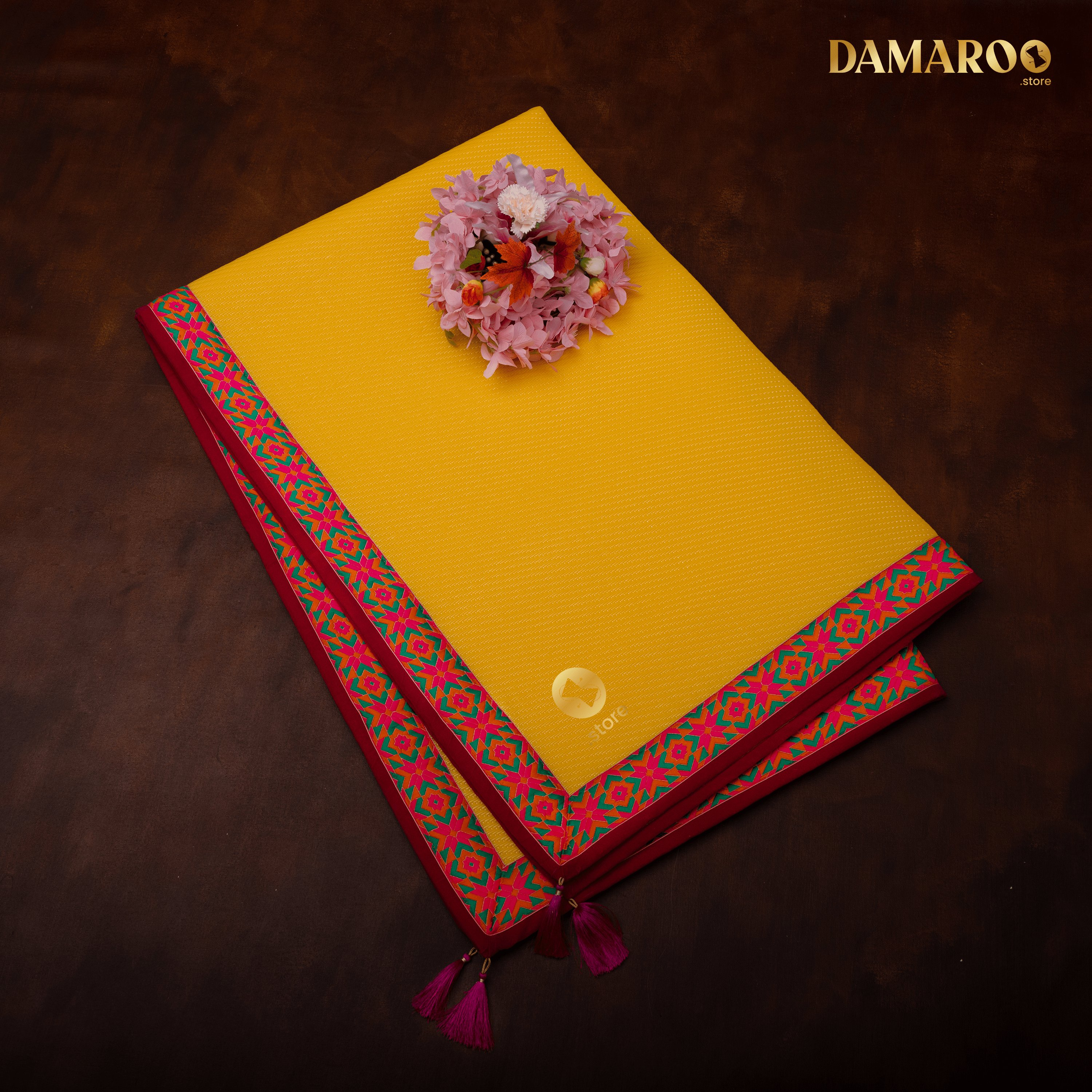 Damaroo 4x6 ft | Ornate Nylon Pooja Mat | Jacquard Pink Trim & Tassels - Mango yellow - Distacart