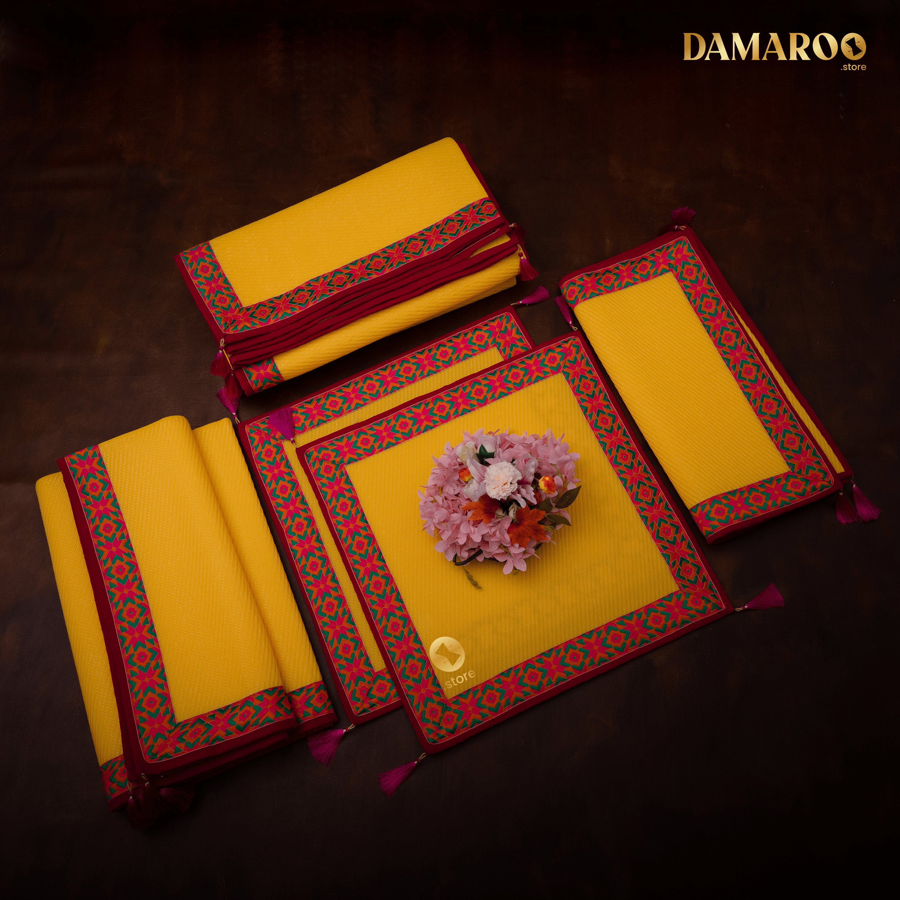 Damaroo Combo Pack of 5 | Ornate Nylon Aasan & Mat | Jacquard Pink Trim & Tassels - Mango Yellow - Distacart