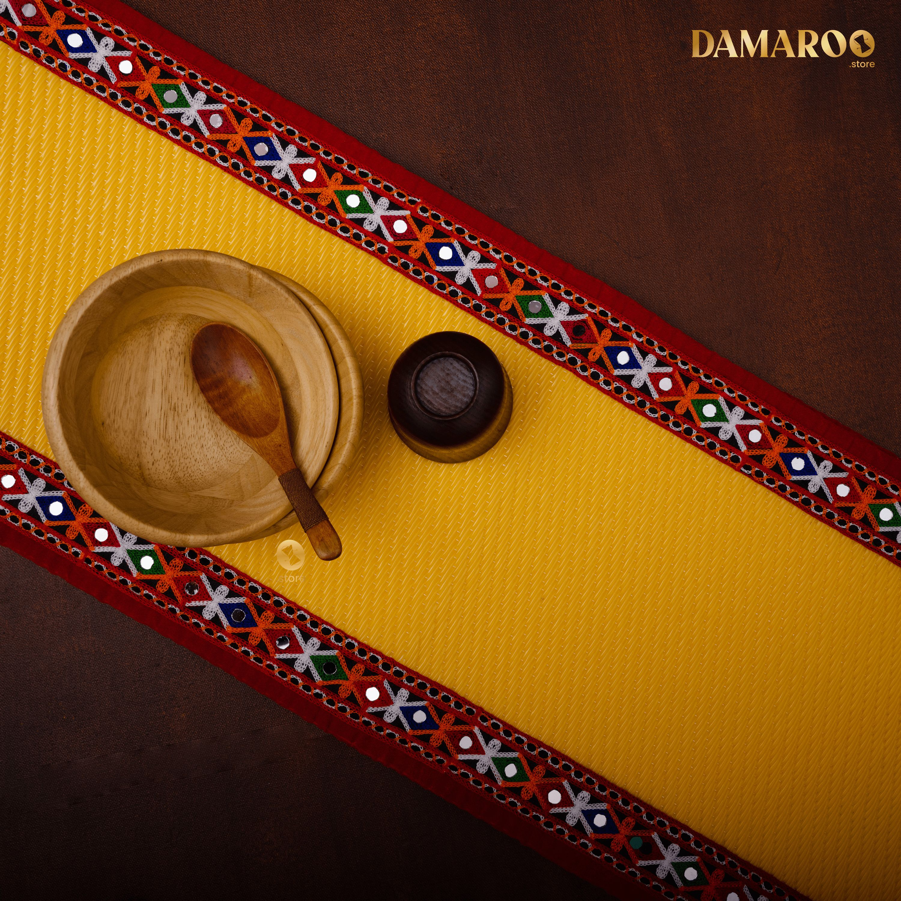 Damaroo 72x12 inch | Beautiful Nylon Table Runner | Embroidery & Mirror Kutchi Border - Mango Yellow - Distacart