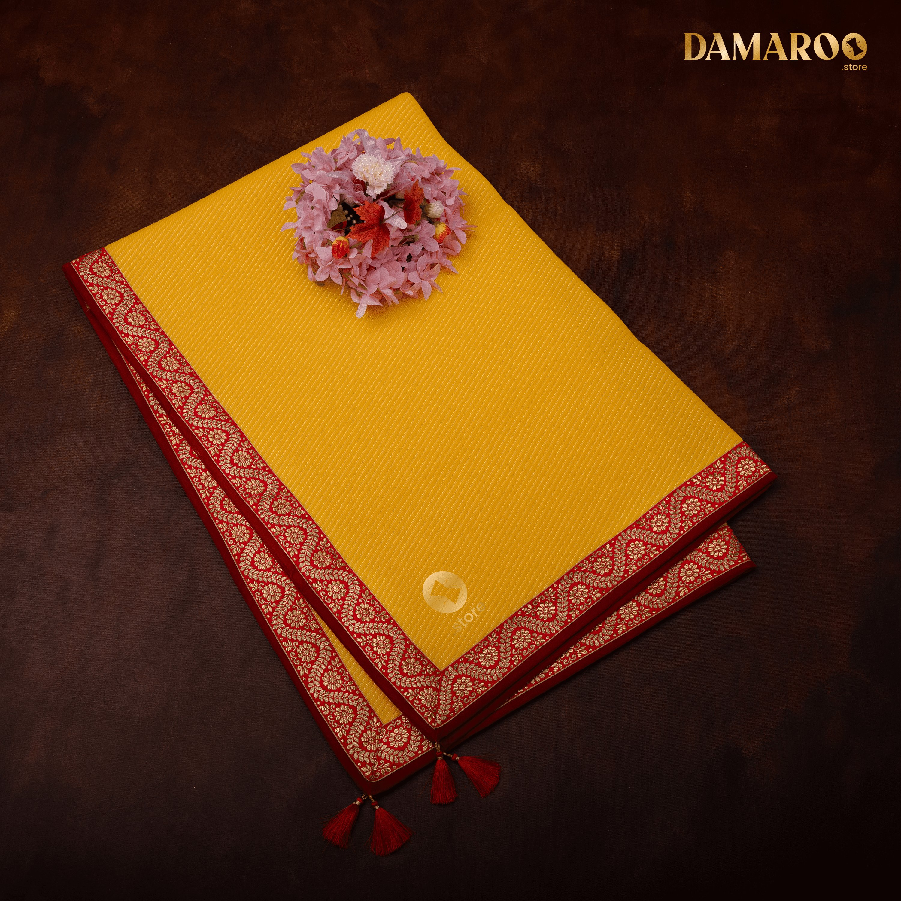 Damaroo 4x6 ft | Graceful Nylon Pooja Mat | Red & Subtle Golden Trim & Tassels - Mango yellow - Distacart