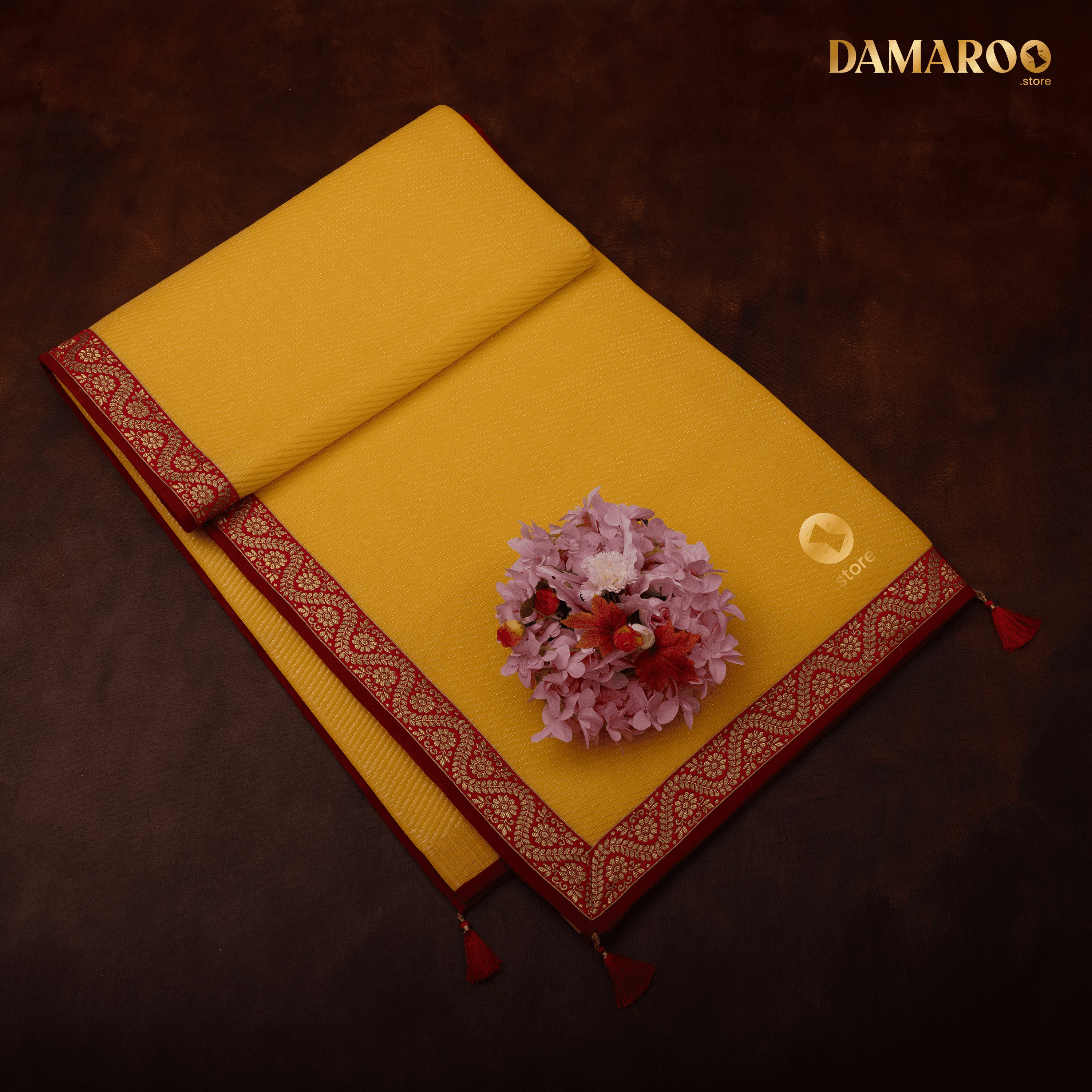 Damaroo 6x8 ft | Graceful Nylon Pooja Mat | Red & Subtle Golden Trim & Tassels - Mango Yellow - Distacart